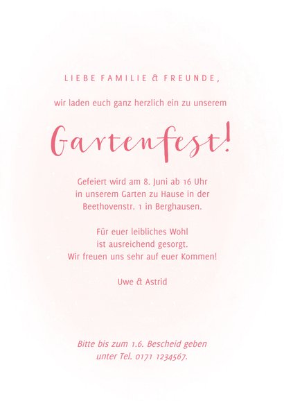 Einladung zum Gartenfest Gießkanne mit Blumen Send a Smile