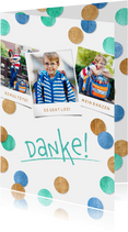 Dankeskarte Einschulung Fotocollage & Konfetti blau