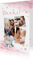 Dankeskarte Taufe Aquarell Fotos, Herzen und Elefant