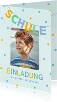 Einschulungskarte blau Einladung Foto & Konfetti