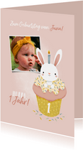 Geburtstagskarte Mädchen 1 Jahr Cupcake & Kaninchen