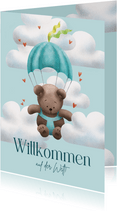 Glückwunschkarte Geburt blau Bär mit Fallschirm