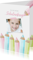 Glückwunschkarte rosa Schulanfang Foto & Buntstifte
