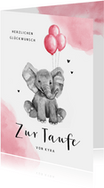 Glückwunschkarte Taufe Elefant rosa Ballon