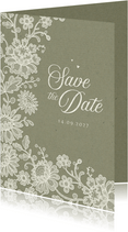 Karte Hochzeitstermin ankündigen romantisch Spitze olivgrün