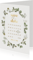 Save-the-Date-Hochzeitskarte Gold & Eukalyptuskranz