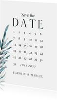 Save-the-Date-Karte Blatt Aquarell blaugrün mit Kalender 