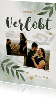 Verlobungskarte mit Fotos, Zweigen und Herzen