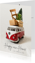 Vintage Umzugs-Weihnachtskarte mit VW Bus und Möbeln