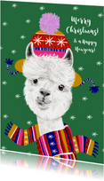 Weihnachtskarte Alpaka mit Schal und Mütze