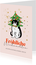 Weihnachtskarte Katze mit Weihnachtsbaum