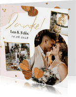 Dankeskarte Hochzeit eigene Fotos Herzchen Goldstreifen