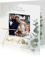 Dankeskarte zur Hochzeit Eukalyptus, Gold & Foto