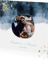 Dankeskarte zur Hochzeit mit Foto im blauen Aquarelldesign