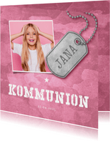 Einladungskarte zur Kommunion rosa Militarylook mit Fotos