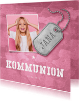 Einladungskarte zur Kommunion rosa Militarylook mit Fotos