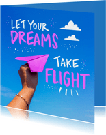 FairTrade Grußkarte Papierflugzeug vor blauem Himmel