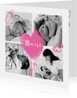 Geburtskarte Fotocollage rosa Herz und Icons