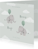 Geburtskarte Zwilling Elefanten, Luftballons & Wolken