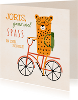 Glückwunschkarte Schulkind Leopard auf Fahrrad