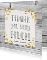 Hippe Dankeskarte Hochzeit mit Holz und goldenen Blättern