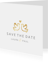 Save-the-Date-Karte Hochzeit mit goldenen Tauben und Herz