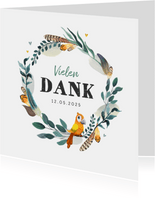 Taufkarte Danke Feder-Blumenkranz und Vogel