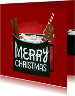 Weihnachtskarte heißer Kakao mit Zimtstangen und Lebkuchen