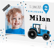Einladung Kindergeburtstag blauer Traktor und Foto