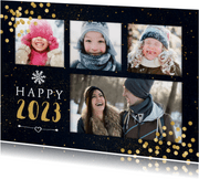Neujahrskarte "Happy 2023" mit vier Fotos und Konfetti