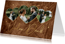 Dankeskarte Hochzeit Fotoherzen & Goldschrift auf Holz
