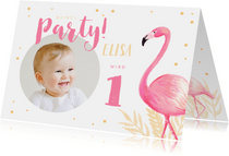 Einladung zum 1. Geburtstag rundes Foto und Flamingo