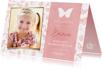 Einladungskarte Kommunion Foto und Schmetterlinge