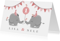 Einladungskarte Zwillinge rosa Elefanten mit Luftballon