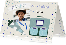 Foto-Danksagung zur Einschulung blau Schulranzen & Schultüte