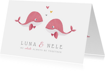 Geburtskarte Zwilling kleine Wale rosa