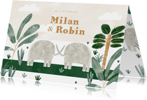 Geburtskarte Zwilling mit Elefanten, Wolken und Pflanzen