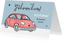 Glückwunschkarte Führerschein Foto rosa Auto
