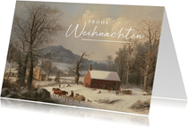 Kunst-Weihnachtskarte Winterlandschaft, Schule & Schlitten