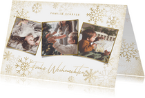 Stilvolle Weihnachtskarte goldene Schneeflocken & Fotos