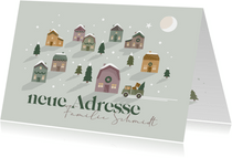 Umzugskarte Weihnachten Häuser mit Umzugswagen