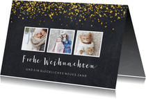 Weihnachtskarte auf Kreidetafel mit Fotos & Goldkonfetti