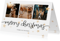 Weihnachtskarte mit drei Fotos, Sternen und merry christmas