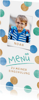 Menükarte Einschulung Foto & Konfetti blau