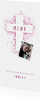 Menükarte Konfirmation Foto und Kreuz Farbspritzer pink