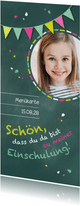 Menükarte zur Einschulung Schultafel grünrosa und Foto