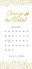 Change-the-Date-Karte mit Kalender und goldenen Herzen