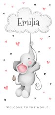 Geburtskarte Elefant mit Wolke & Herzen rosa