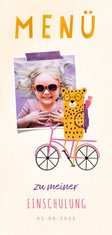 Menükarte zur Einschulung rosa Rad mit Leopard & Foto