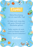  Blaue Foto-Danksagung 1. Schultag Wellenform bunte Symbole Rückseite